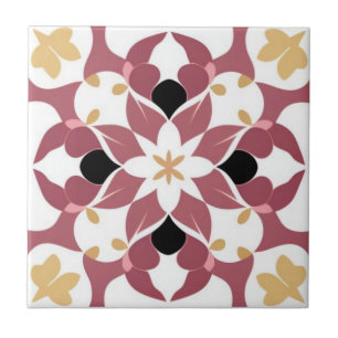 White, yellow, and dark pink floral ceramic tile