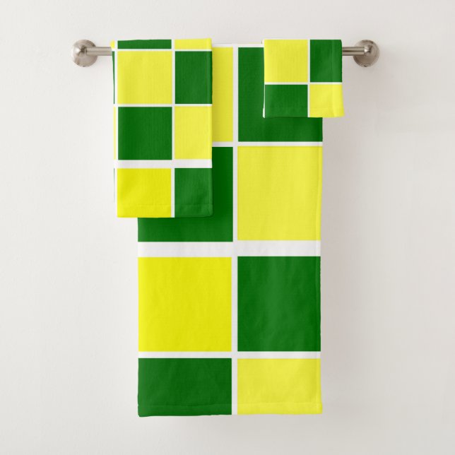 White, Yellow and Green Squares Bath Towel Set (Insitu)