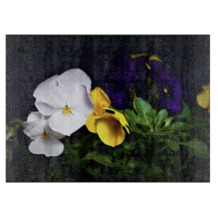 White Yellow and Purple Pansies Cutting Board