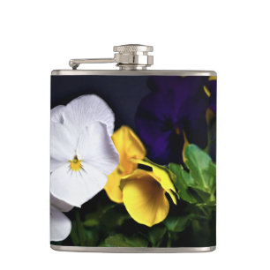 White Yellow and Purple Pansies Hip Flask