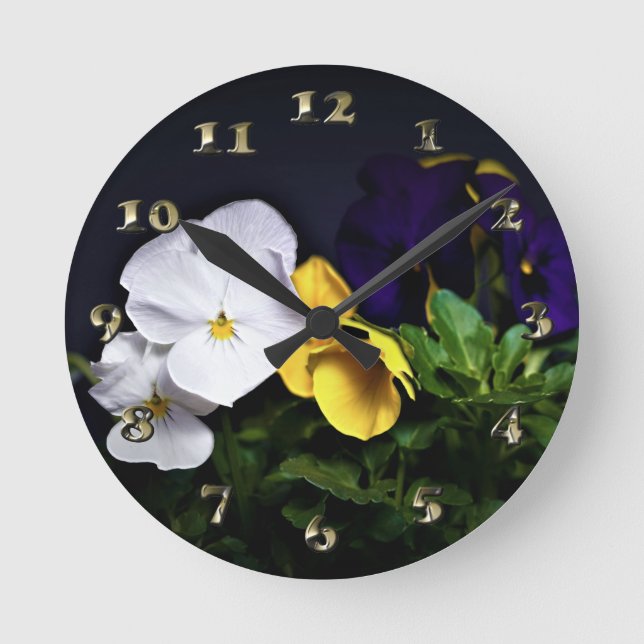 White Yellow and Purple Pansies Round Clock (Front)