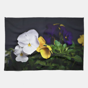 White Yellow and Purple Pansies Tea Towel
