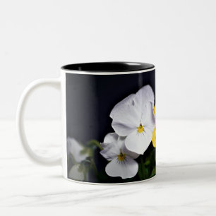 White Yellow and Purple Pansies Two-Tone Coffee Mug