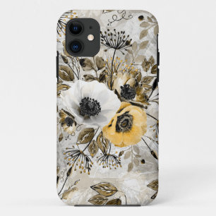 White, yellow anemones on a grey-brown background. iPhone 11 case