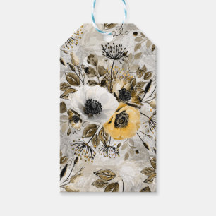White, yellow anemones on a grey-brown background. gift tags