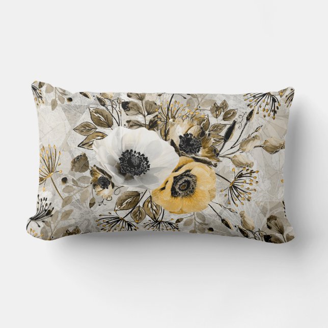 White, yellow anemones on a grey-brown background. lumbar cushion (Front)