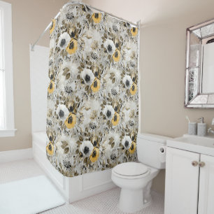 White, yellow anemones on a grey-brown background. shower curtain