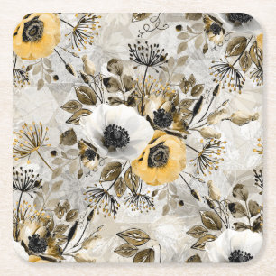 White, yellow anemones on a grey-brown background. square paper coaster