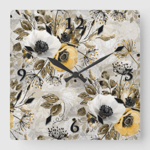 White, yellow anemones on a grey-brown background. square wall clock