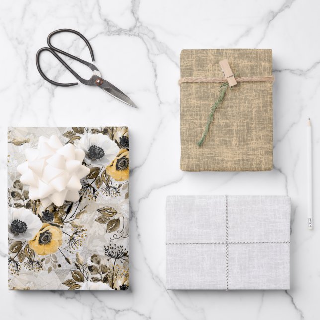 White, yellow anemones on a grey-brown background. wrapping paper sheet (Front)
