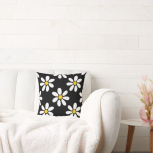 White Yellow Black Daisy Pattern Cushion
