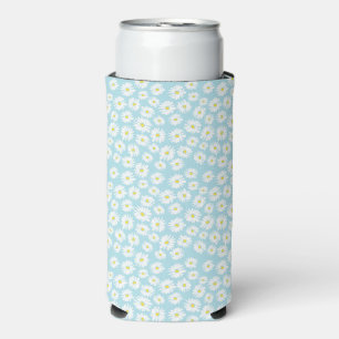 White yellow cyan daisy flower pattern seltzer can cooler