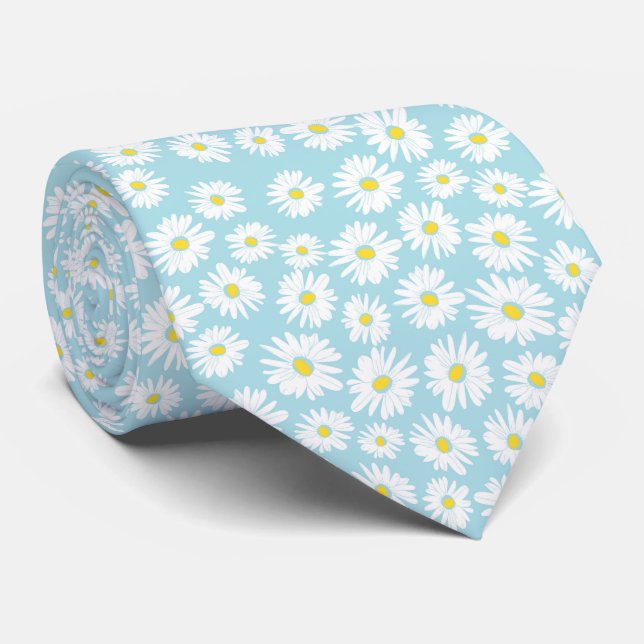 White yellow cyan daisy flower pattern tie (Rolled)