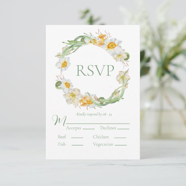 White & Yellow Daffodil Floral Green RSVP Card (Standing Front)