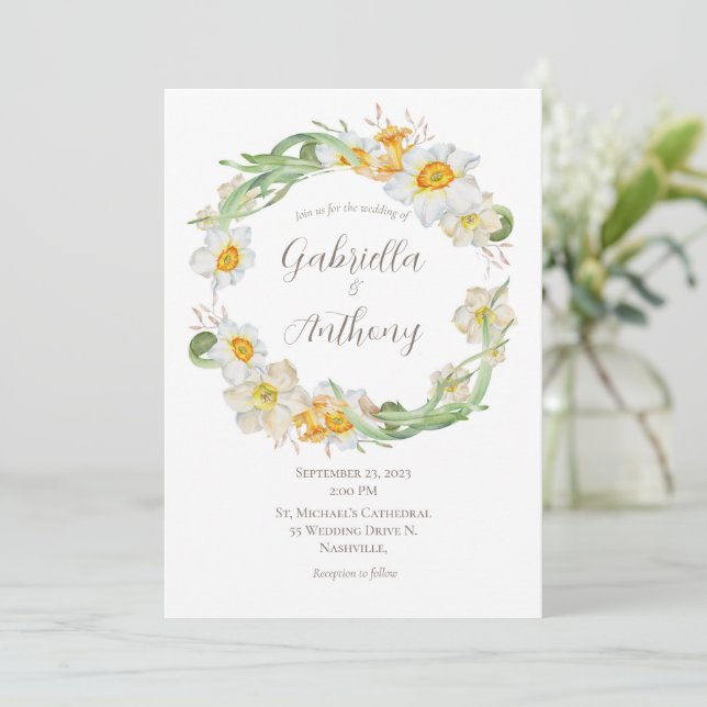 White & Yellow Daffodil Floral Wreath Wedding Invitation (Standing Front)