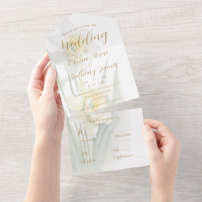 White & Yellow Daffodil Wedding All In One Invitation (Tearaway)