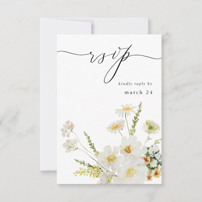White & Yellow Floral w Meal RSVP 2 Card (Front)