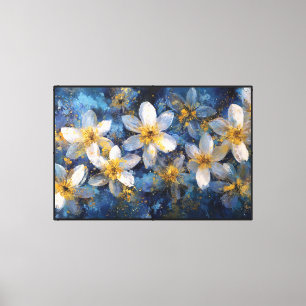 White & Yellow Flowers on Blue – Abstract Wall Art
