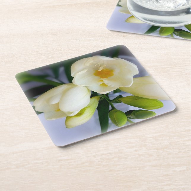white yellow freesia square paper coaster (Angled)