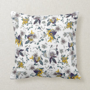 White Yellow Garden Passiflora Floral Pattern Cushion
