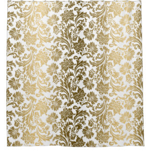 White & Yellow Gold Floral Damasks Pattern Shower Curtain