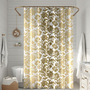 White & Yellow Gold Floral Damasks Pattern Shower Curtain