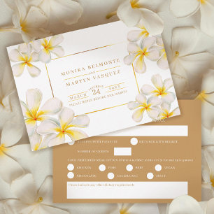 White yellow gold frangipani wedding watercolor RSVP card