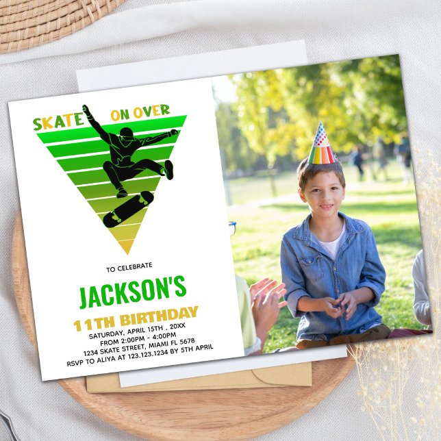 White Yellow Green Photo Skateboards Birthday Invitation (White Yellow Green Photo Skateboards Birthday Invitation)