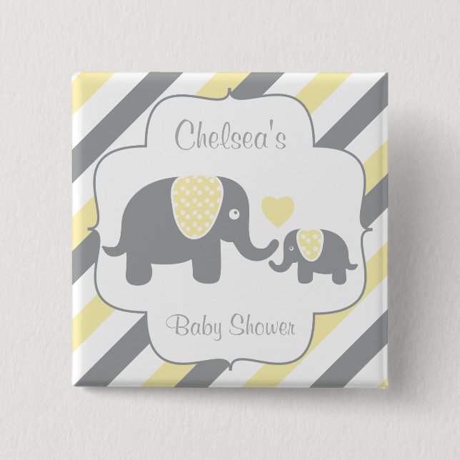 White, Yellow & Grey Stripe Elephants Baby Shower 15 Cm Square Badge (Front)
