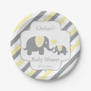 White, Yellow & Grey Stripe Elephants Baby Shower Paper Plate