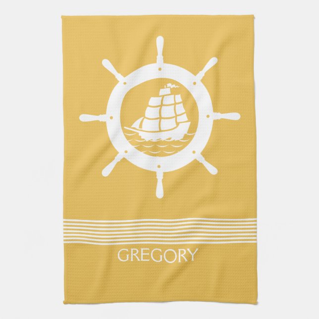 White & Yellow Stripes And Nautical Boat Wheel Tea Towel (Vertical)