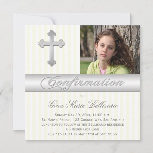 White Yellow Stripes Confirmation Photo Invitation (Front)