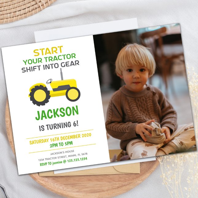 White & Yellow Tractor Birthday Invitations (White Yellow Tractor Birthday Invitations w photo)