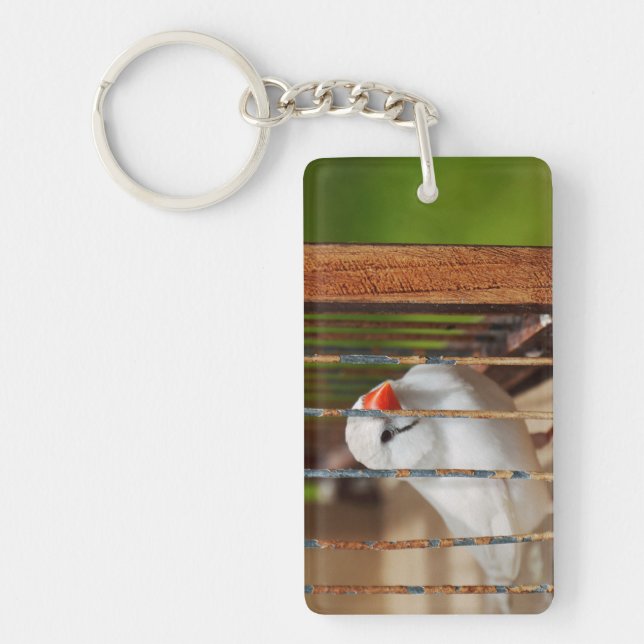 White Zebra Finch Bird in Cage Key Ring (Front)