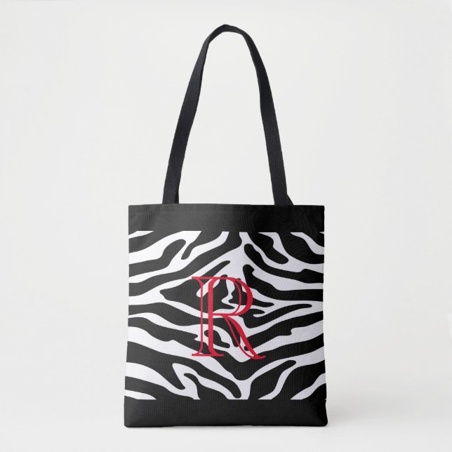 White Zebra Pattern over Any Colour with Monogram Tote Bag (Front)
