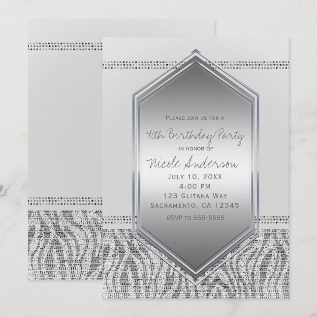 White Zebra Silver Glam Birthday Party Any Event Invitation (Front/Back)