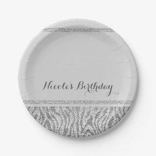 White Zebra Sparkle Sequins Glam Modern Party Paper Plate