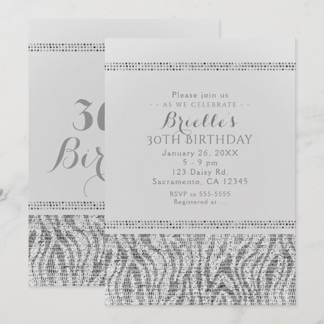 White Zebra Sparkle Sequins Glam Party Invitations (Front/Back)