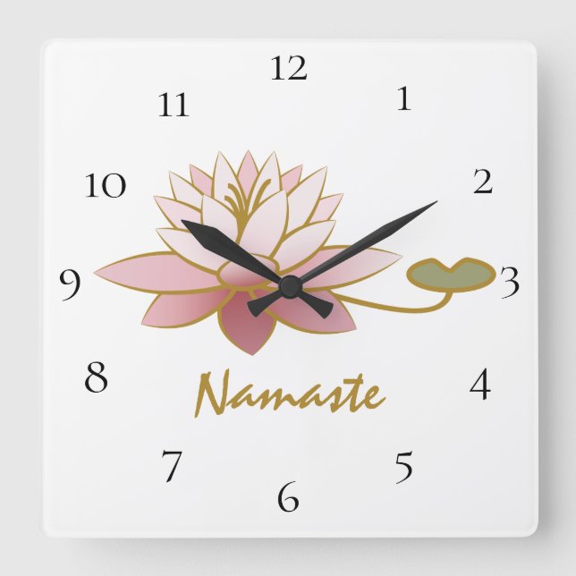 *~* White Zen Namaste Pink Lotus Flower Spiritual Square Wall Clock (Front)
