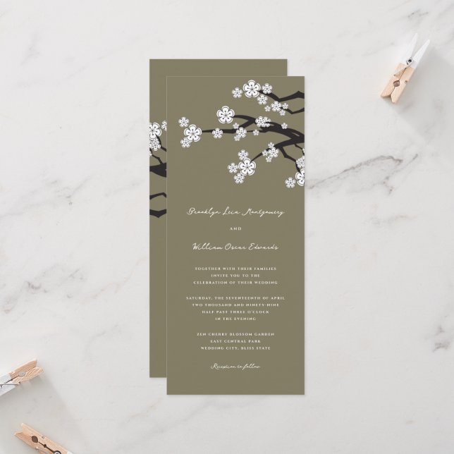 White Zen Sakura Cherry Blossoms Asian Wedding Invitation (Front/Back In Situ)
