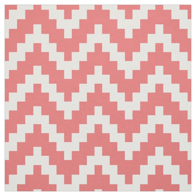 White Zigzag Ikat & Custom Coral Background Fabric (Swatch)