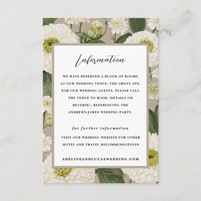 White Zinnia Flower Hotel Information Wedding Enclosure Card (Front)