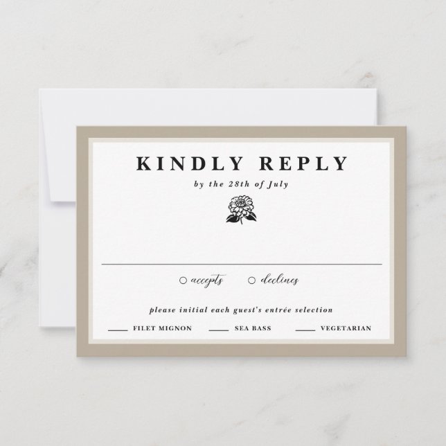 White Zinnia Flower Taupe & Ivory Floral Wedding  RSVP Card (Front)