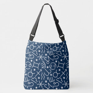 White Zodiac Signs and Stars on Navy Blue Crossbody Bag