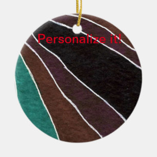 Whiter, brown and green stripes in earthly colours ceramic ornament