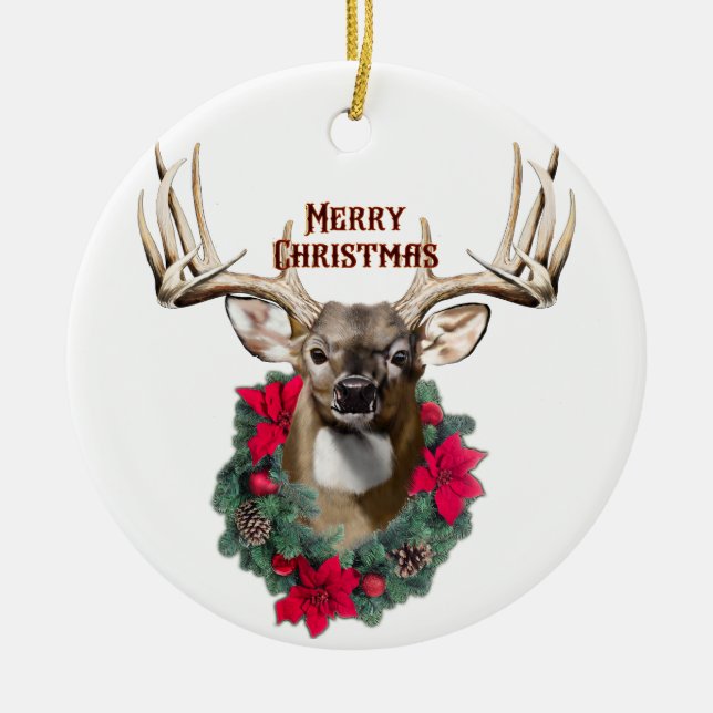 Whitetail Buck Christmas Ceramic Ornament (Front)