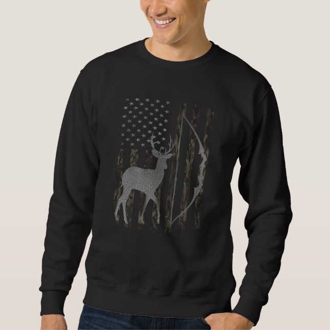 Whitetail Buck Deer Hunting Camo USA Flag Bow Sweatshirt (Front)