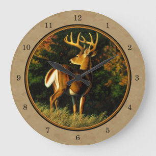 Whitetail Buck Deer Hunting Tan Large Clock