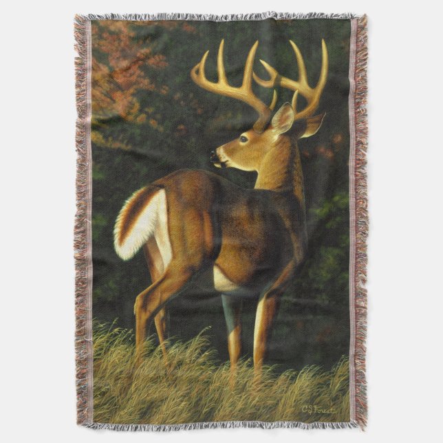 Whitetail Buck Deer Hunting Throw Blanket (Front Vertical)