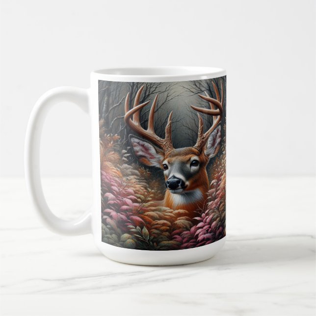 Whitetail Buck Deer Peeking Through Forest Foliage Coffee Mug (Left)